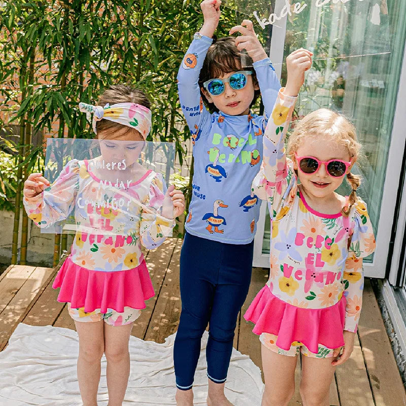Swimming Suit for Girls Boys Cute Printed Long Sleeve Trousers Beach Swimwear for Kids Quick-dry Swimdress