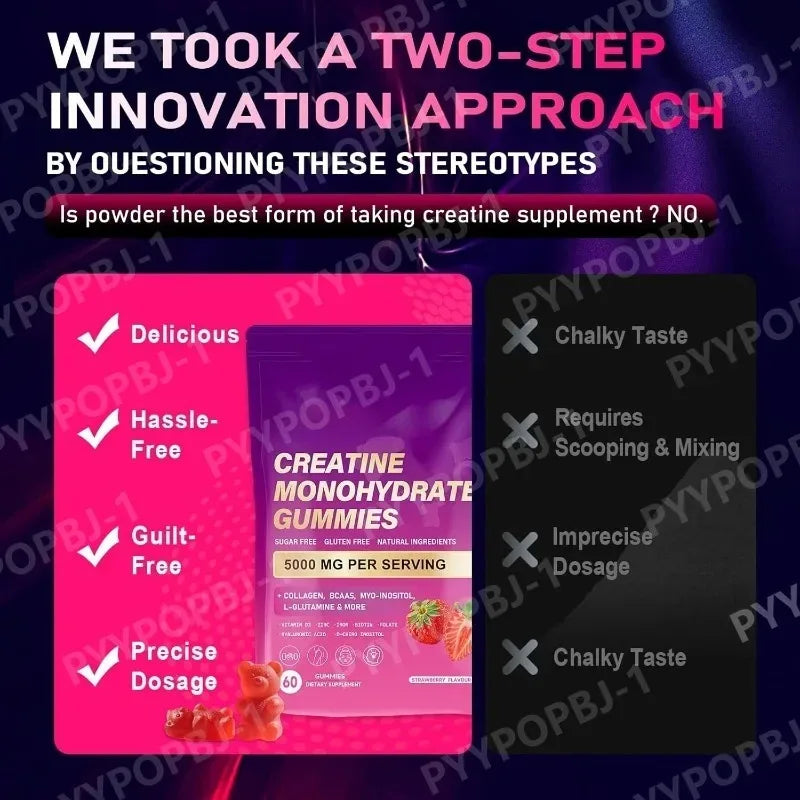 Creatine Monohydrate Gummies Daily Pre & Post Workout Recovery Support Contain Collagen,Biotin,Vitamin & Hyaluronic Acid 60count