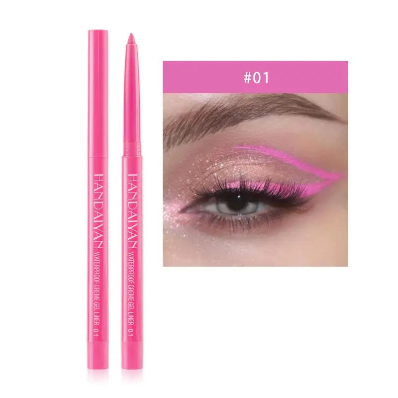 Pink waterproof gel eyeliner pencil with close-up of glitter eye makeup and pink winged liner