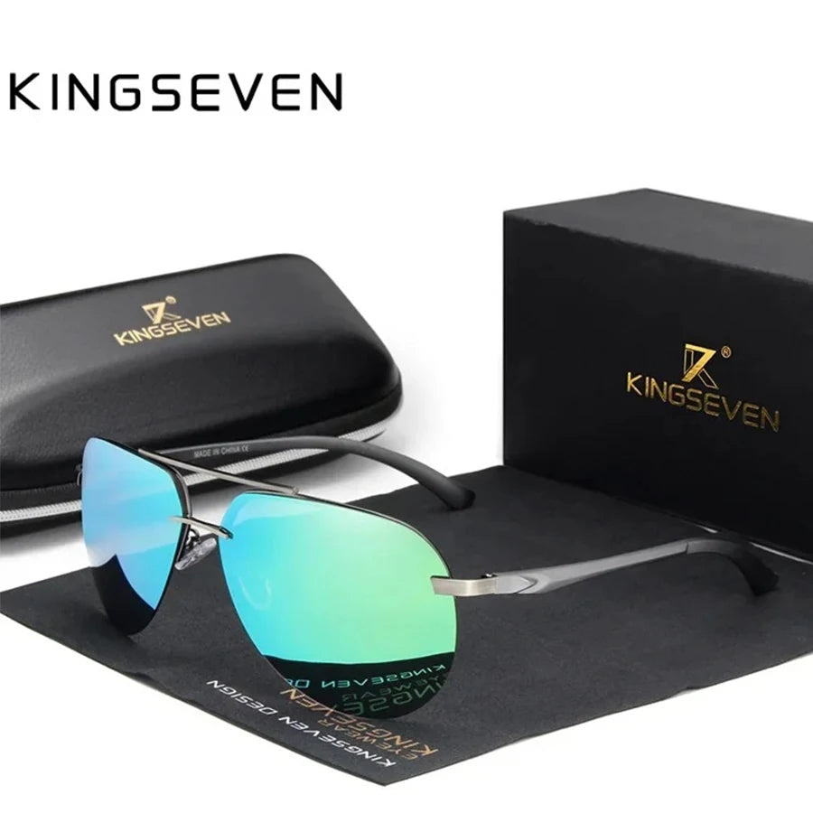 Men's aviator sunglasses with green mirrored lenses, black case, and branded box.