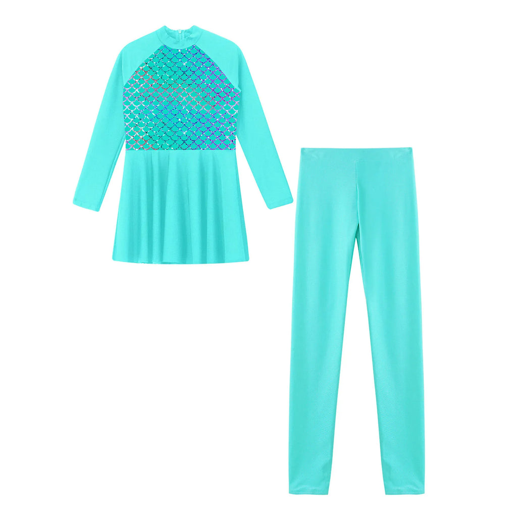 Girls Swimsuits 2 Piece Rash Guard Set UPF 50 Sun Protection Long Sleeve Swim Dress with Leggings Kids Full Body Cover Beachwear