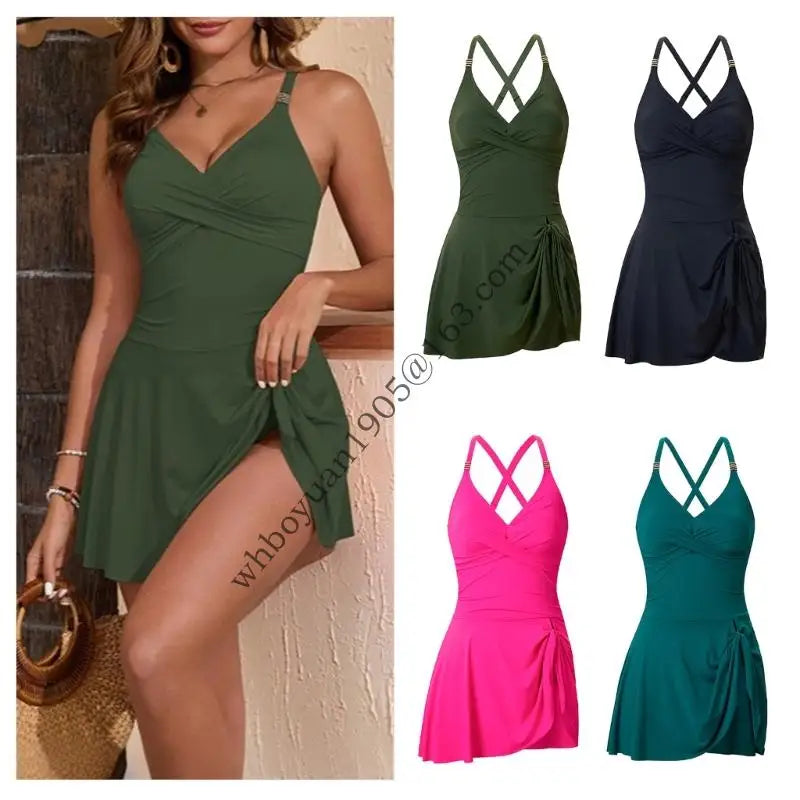 Women Piece Skirted Swimsuit With Briefs Push Up V Neck Swim Dress Swimwears .0XXE