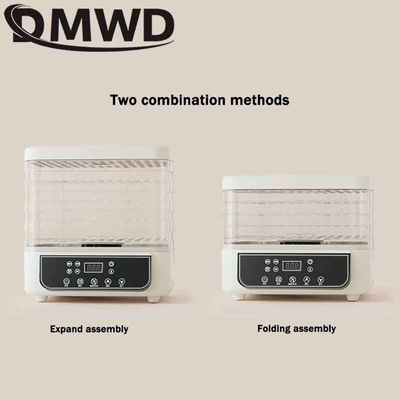 DMWD Dried Food Dehydrator Herb Fruit Vegetable Dehydration Drying Machine Smart Timing 5 Trays Pet Snacks Meat Hot Air Dryer EU