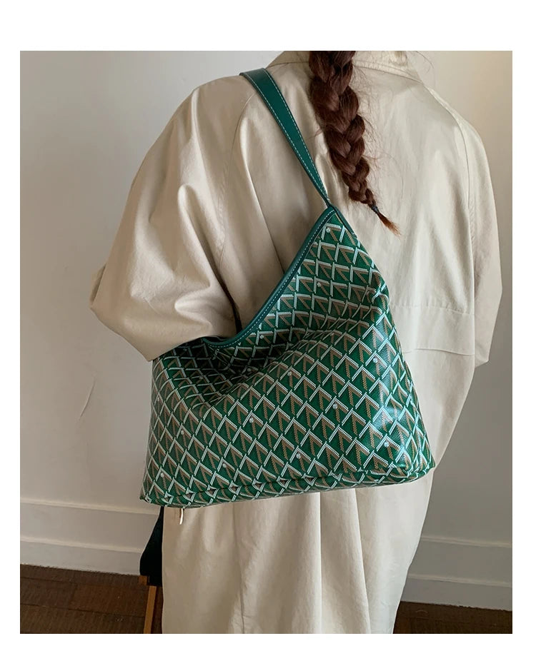 Large Capacity Women's Shoulder Bag Fashionable Commuter Tote Bag Soft PU Leather Printed Geometric Pattern Autumn New Arrival