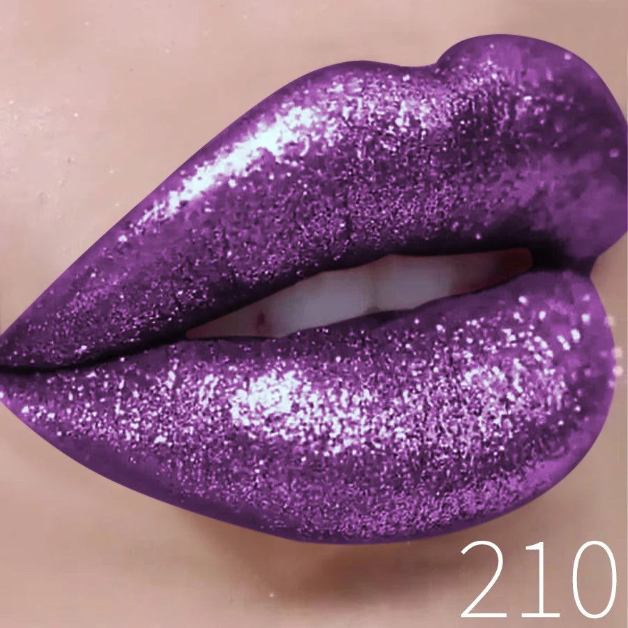 Close-up of lips wearing vibrant purple glitter lipstick, shade number 210