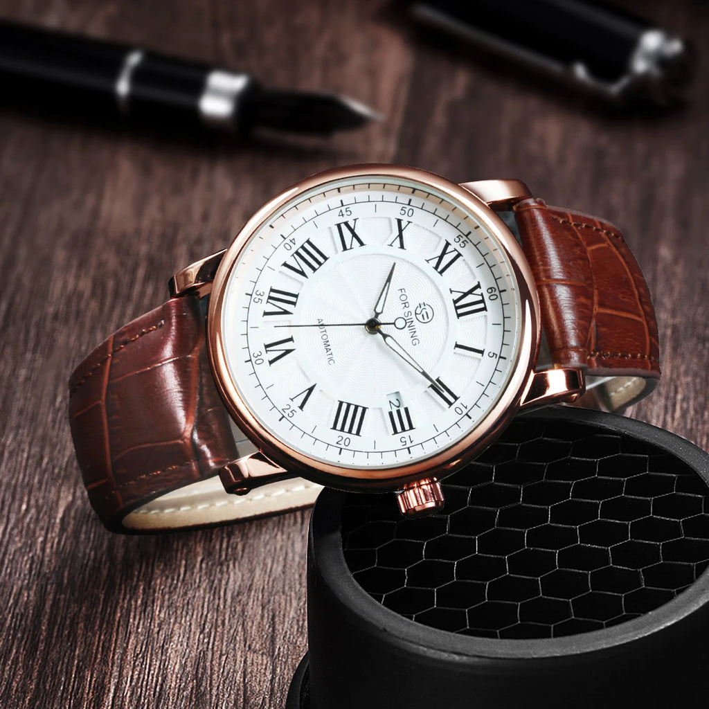 Forsining Classic Business Automatic Mens Watch Calendar Luxury Brand Brown Leather Strap Fashion Rose Gold Mechanical Watches