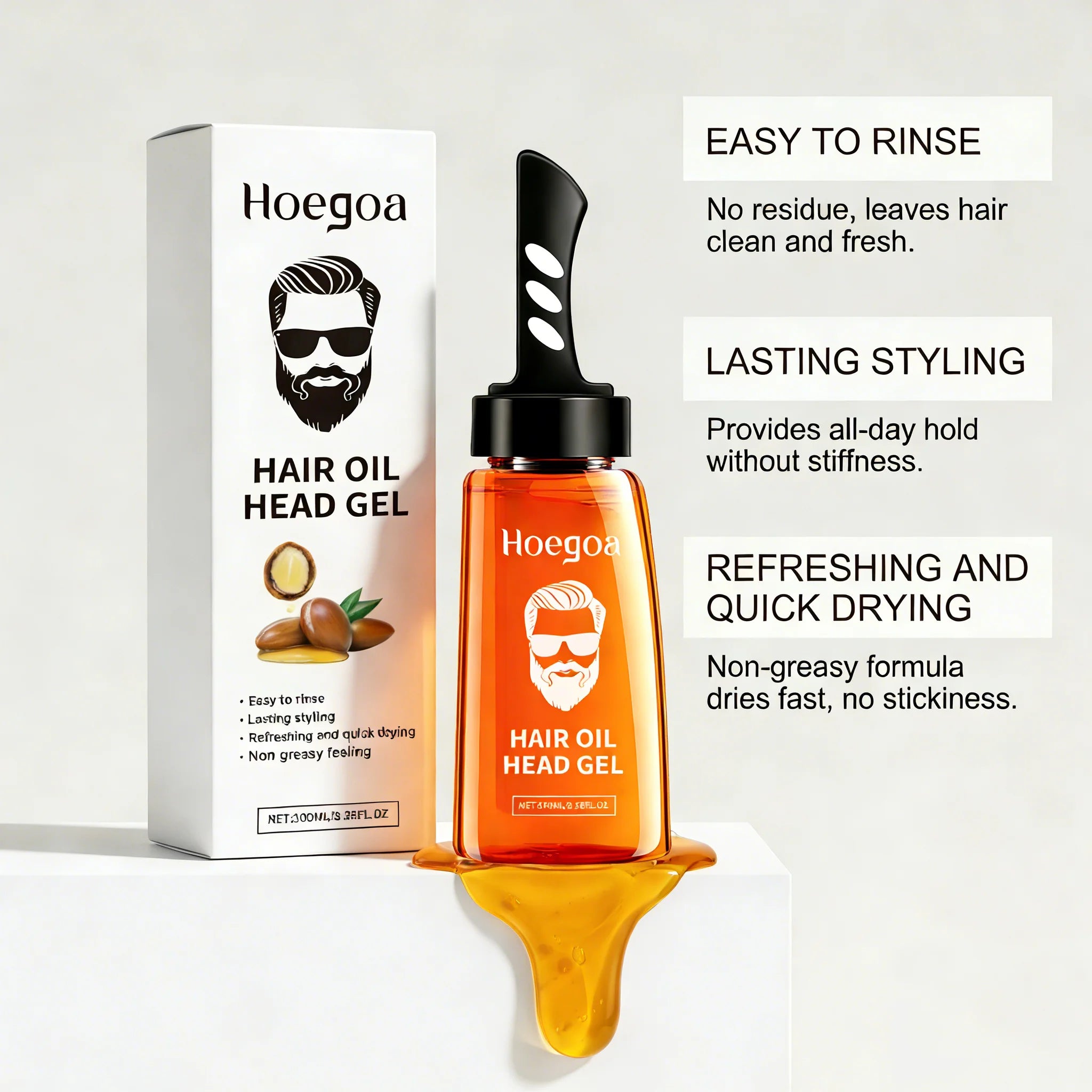 2 In 1 Men's Hair Styling Gel With Wide Tooth Comb Long-Lasting Fluffy Strong Hold Add Shine No-Greasy Hair Styling Oil Pomade