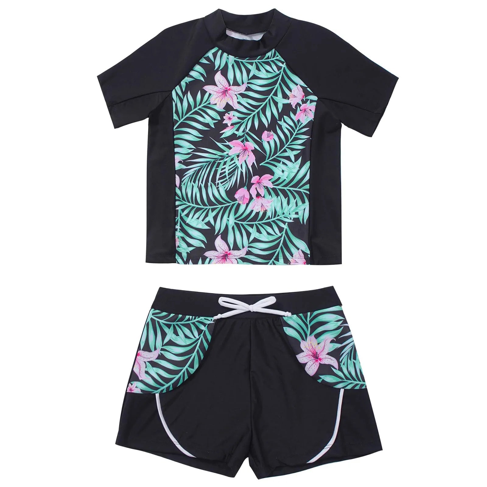 Kids Girls 2 Piece Rash Guard Set Swimwear Floral Print Short Sleeve Swim Shirt with Booty Shorts Tankini Swimsuit Bathing Suit