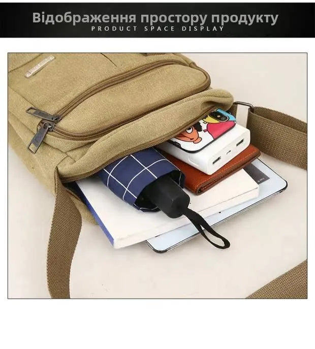 Casual Canvas Shoulder Bag for Men Business Crossbody Small Backpack Soft Handle Zipper Closure Leisure Style Mid-Year New