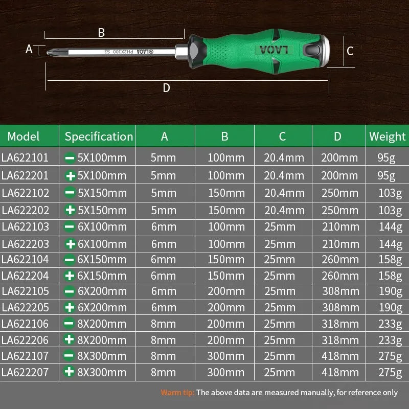 1pcs LAOA Magnetic Screwdriver Phillips Slotted Screwdrivers Set Hardness 58HRC Alloy Steel with Tap Knock Function