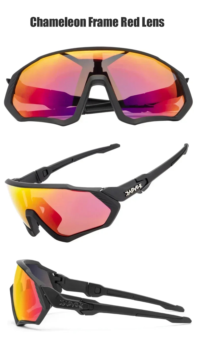 Sport sunglasses with black chameleon frame and red reflective lenses, shown from angles