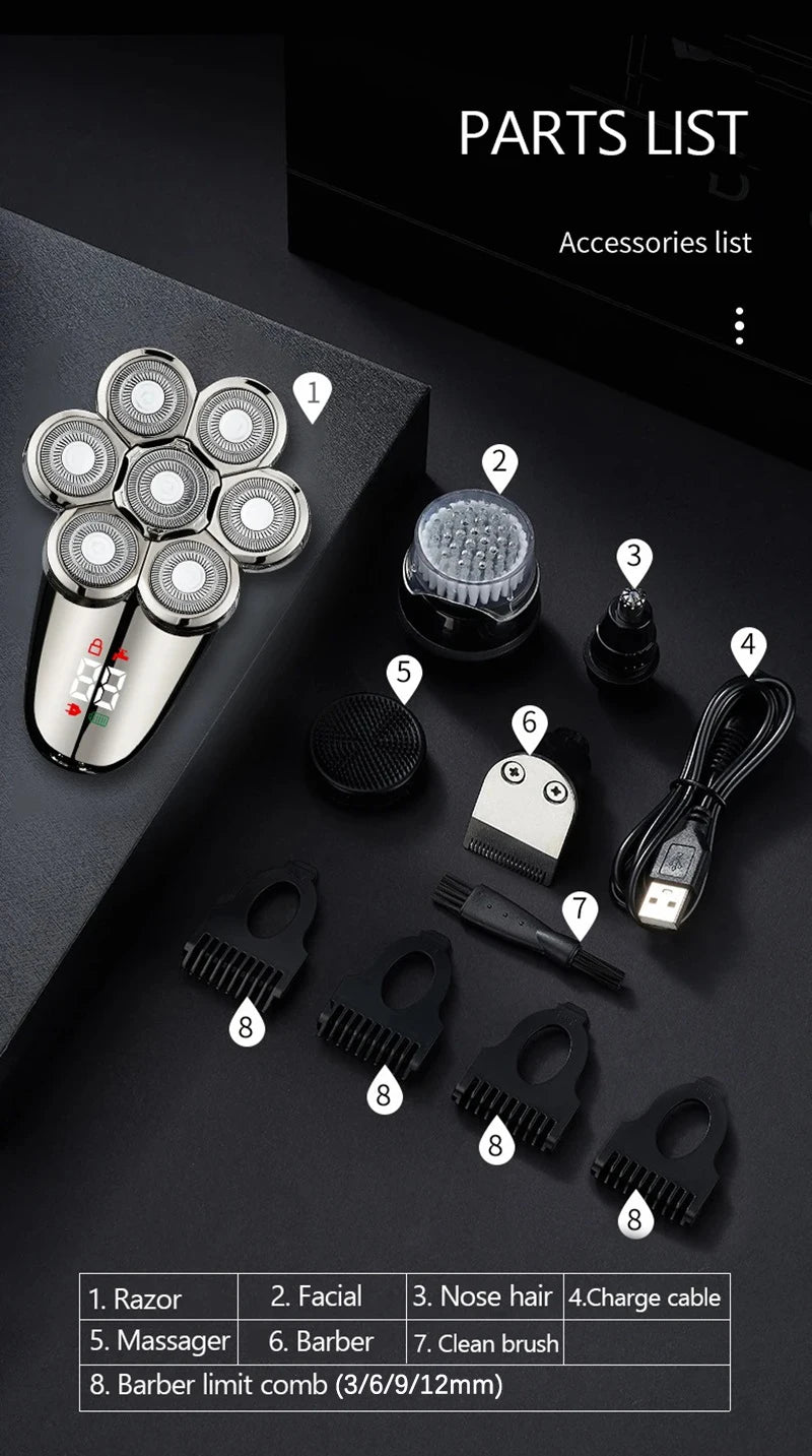5 In 1 Electric Shaver For Men Bald Head Hair Clipper Nose Trimmer 7D Floating Blade Head Shaving Beard Knife Rechargeable Razor