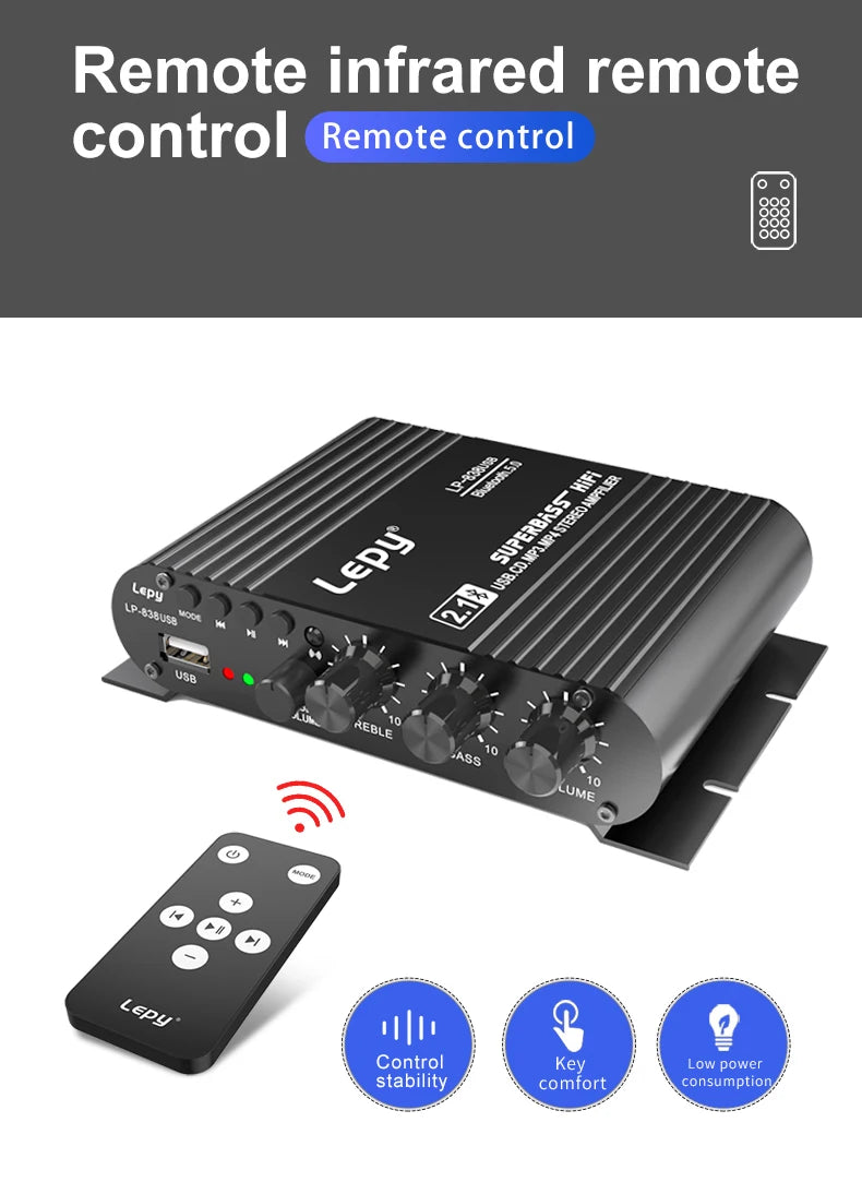 LP-838USB 2.1Channel Amplifier 12V Car Home Amp USB BT Lossless Music Play Digital Audio Amplificador with Remote Control HiFi