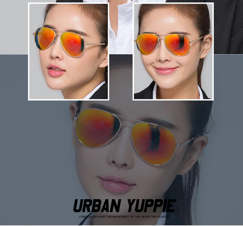 Woman wearing mirrored aviator sunglasses with gold frame, stylish fashion accessory.