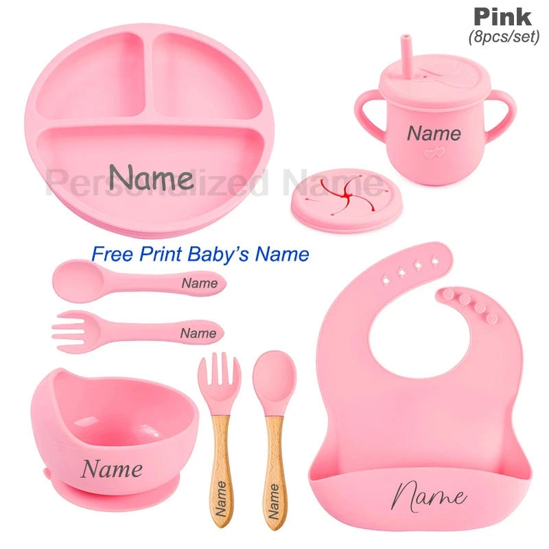 Personalized Logo Name Baby Silicone Dishes Feeding Set Suction Cup Bowl Tableware Kids Bowl Spoon Fork Bib Feeding Set BPA Free