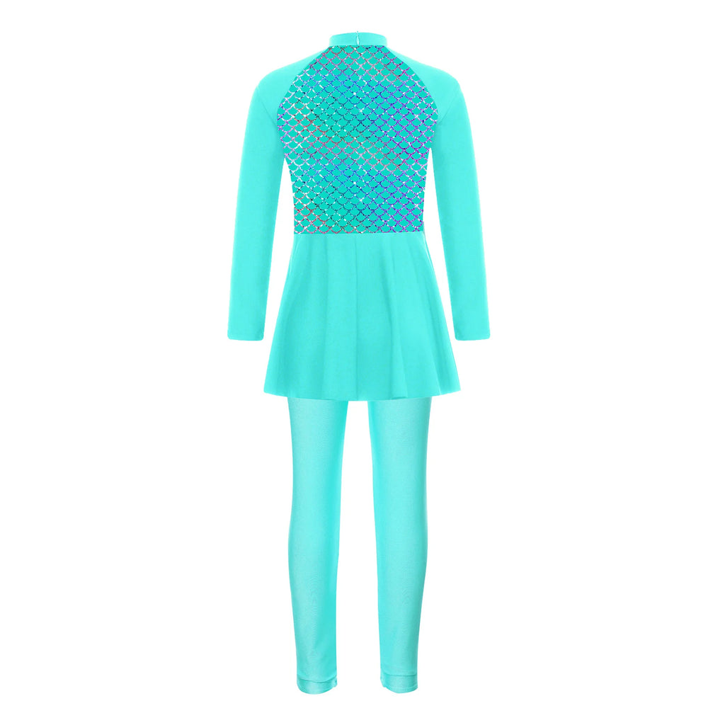 Girls Swimsuits 2 Piece Rash Guard Set UPF 50 Sun Protection Long Sleeve Swim Dress with Leggings Kids Full Body Cover Beachwear