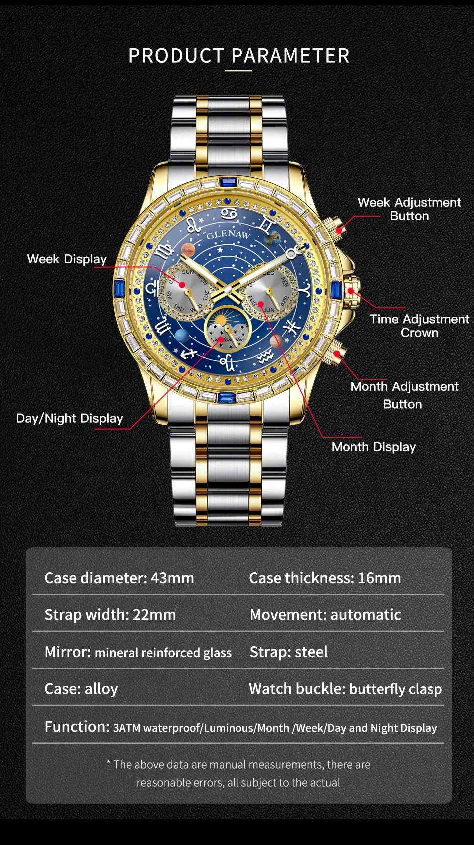 Glenaw top brand luxury fashion personalized fully automatic mechanical gold watch men's luminous waterproof watch