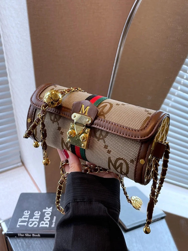 Fashionable Retro Summer Women's Chain Crossbody Bag Trendy Cylinder Bag Soft PU Leather Casual Style Small Size Korean Style