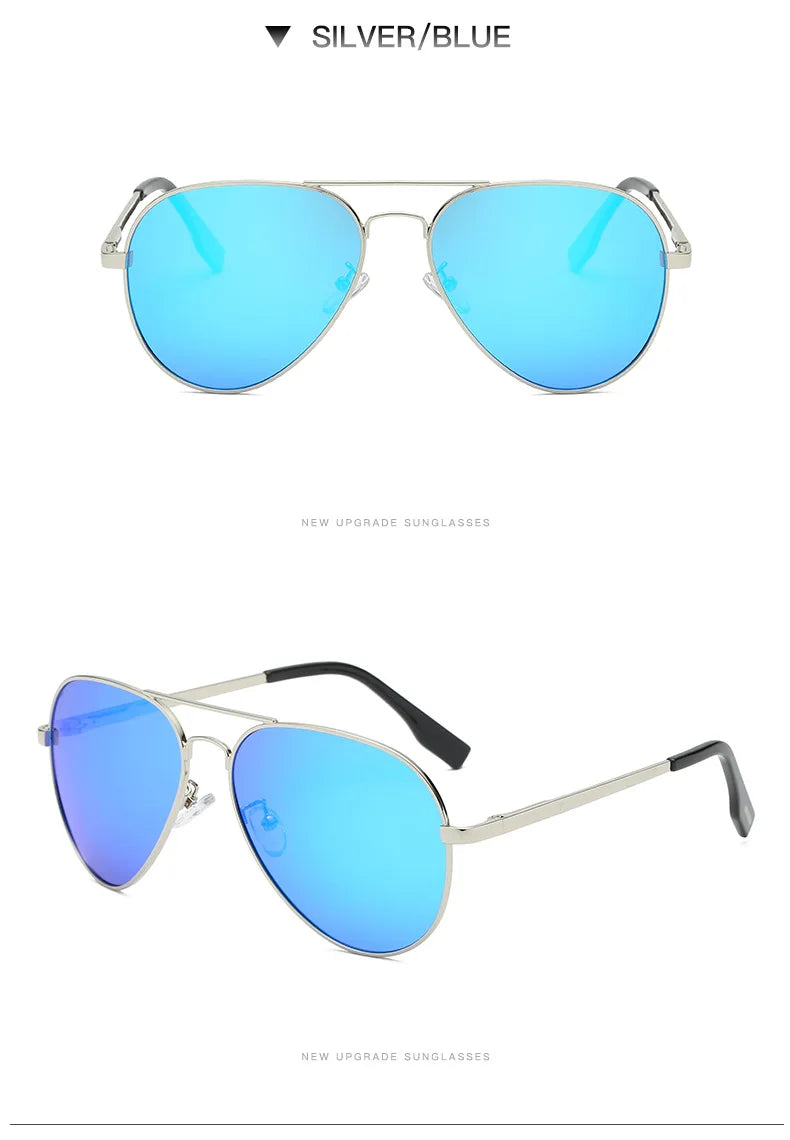 Silver frame aviator sunglasses with reflective blue lenses, modern unisex eyewear