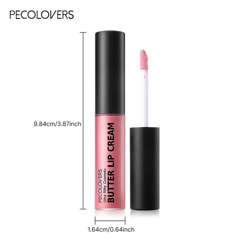 Pink butter lip cream with applicator and size details on white background