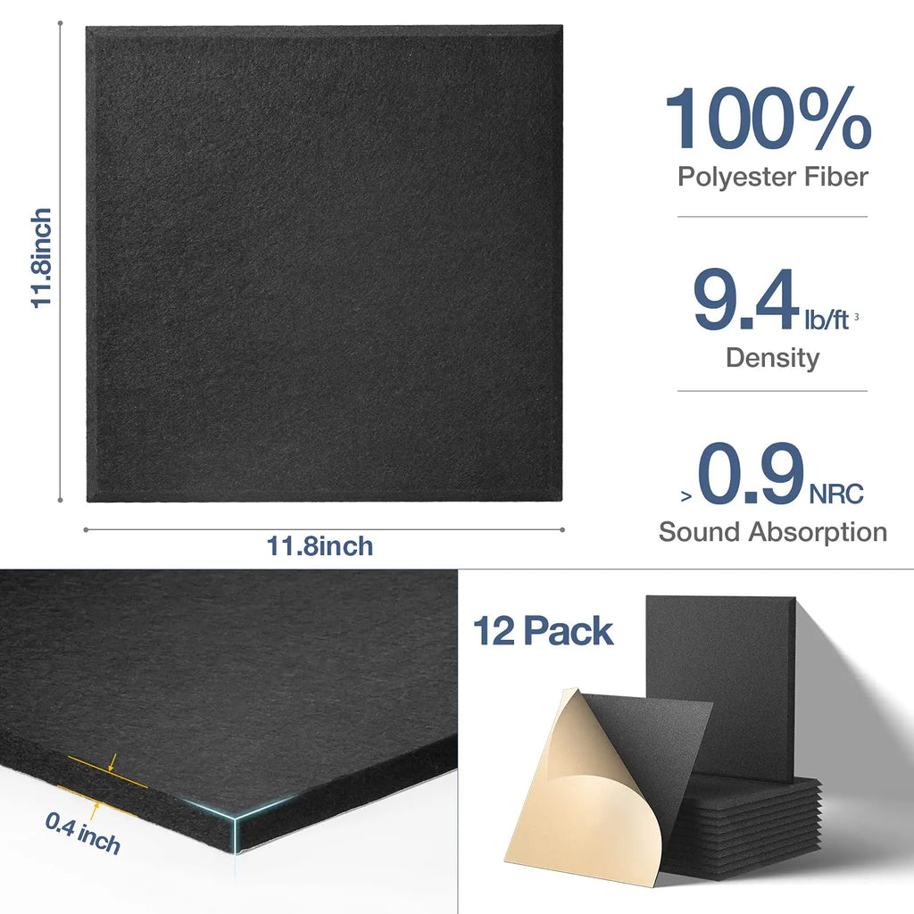 12 Pack Self-Adhesive Acoustic Panels 12" X 12" X 0.4" Square Sound Proof Panels Noise Insulation Wall Stickers for Home Studio