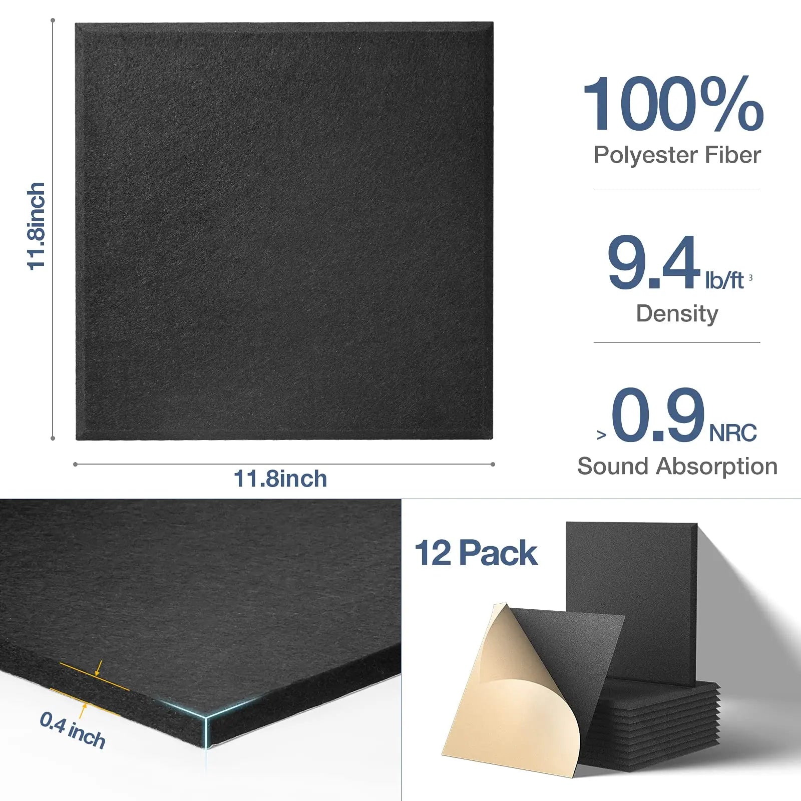 12 Pack Self-Adhesive Acoustic Panels 12" X 12" X 0.4" Square Sound Proof Panels Noise Insulation Wall Stickers for Home Studio