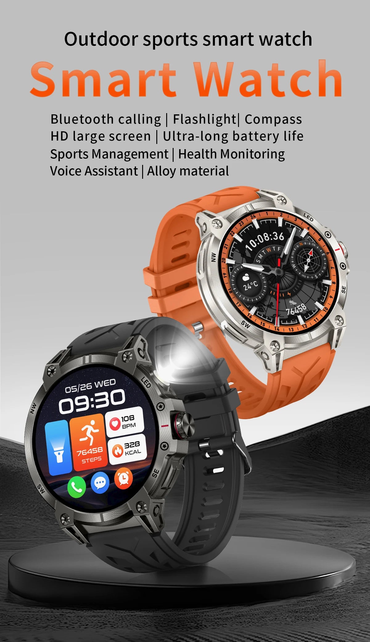 Military smartwatch men,760mAh Bluetooth call,LEDflashlight,compass,1.85HD Large screen,heart rate.blood pressure,IP68waterproof
