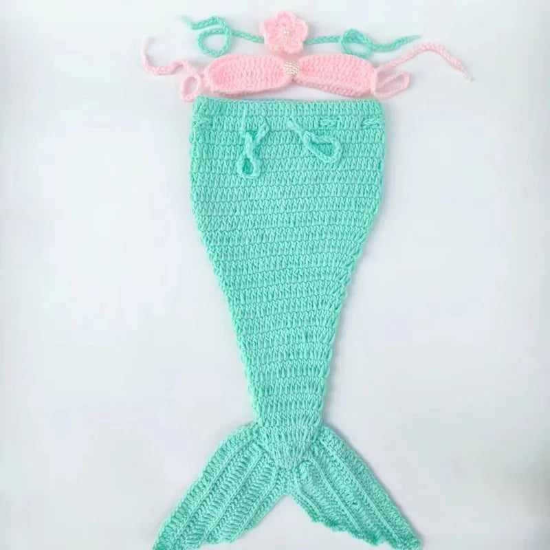 Light Blue Knitted Mermaid 3pc Set Headwear Fish Tail Top Newborn Garment Infant Studio Portrait Shooting Basic Photography Wear