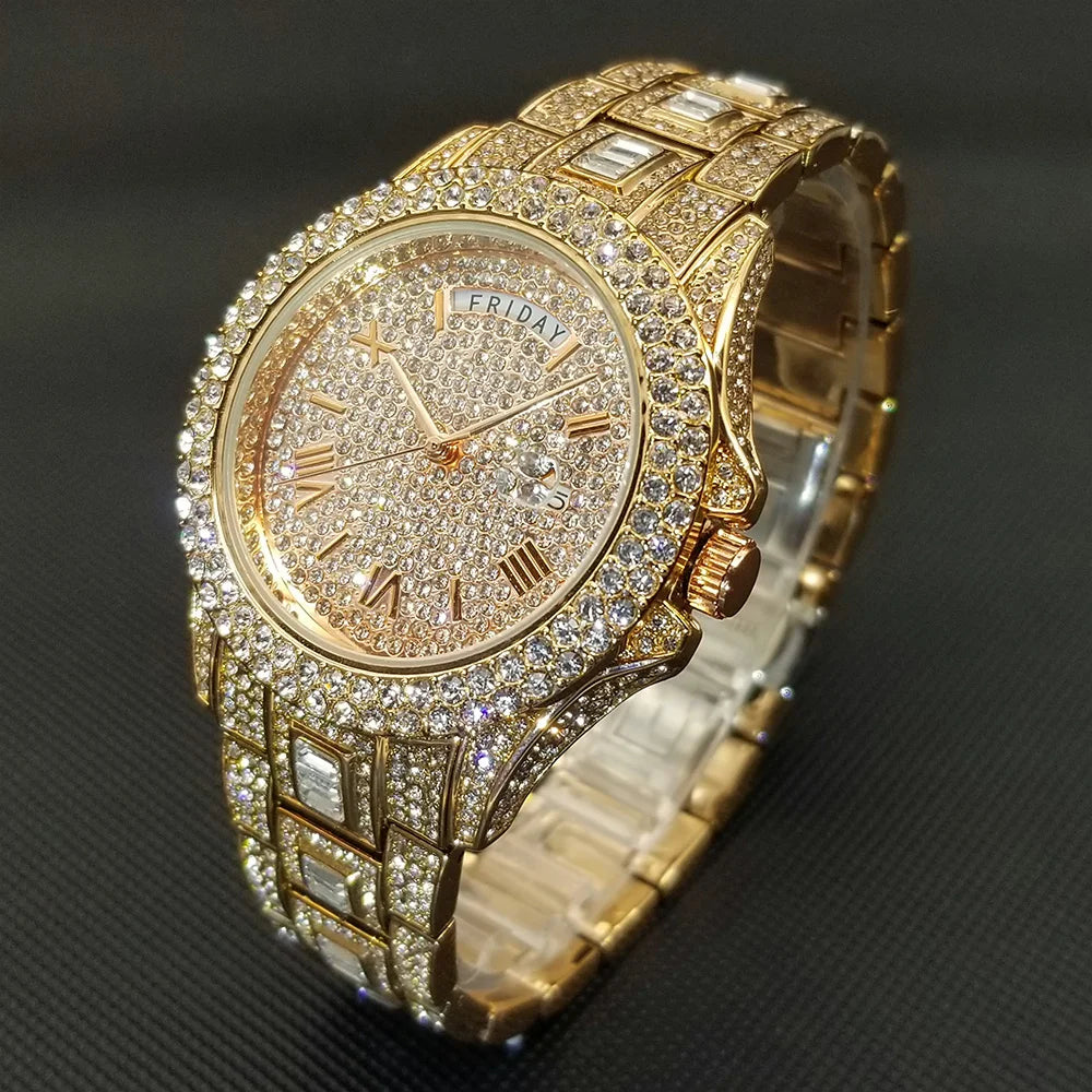 TikTok Hot Diamond Wristwatch For Men Luxury 18K Gold Plated Quartz Watches Day Date Nightclub Party Watch Unisex Rapper Jewelry