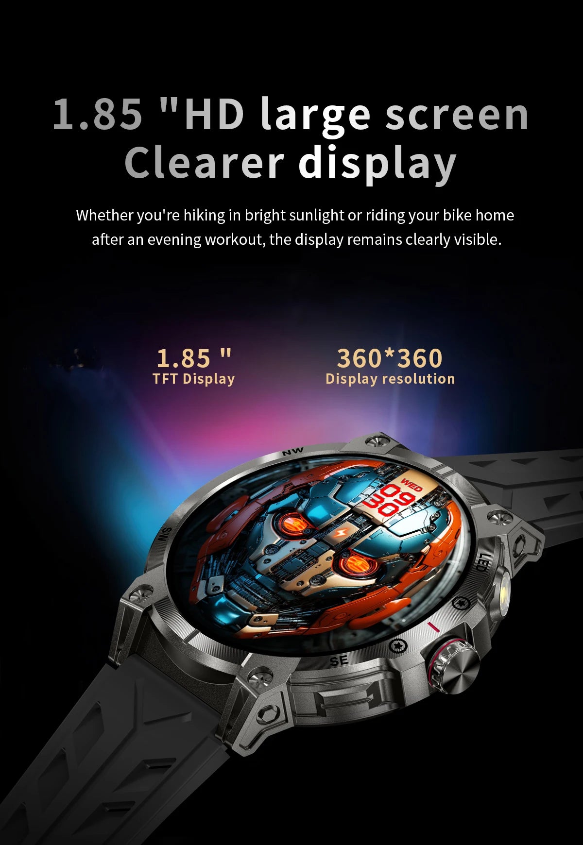 Military smartwatch men,760mAh Bluetooth call,LEDflashlight,compass,1.85HD Large screen,heart rate.blood pressure,IP68waterproof