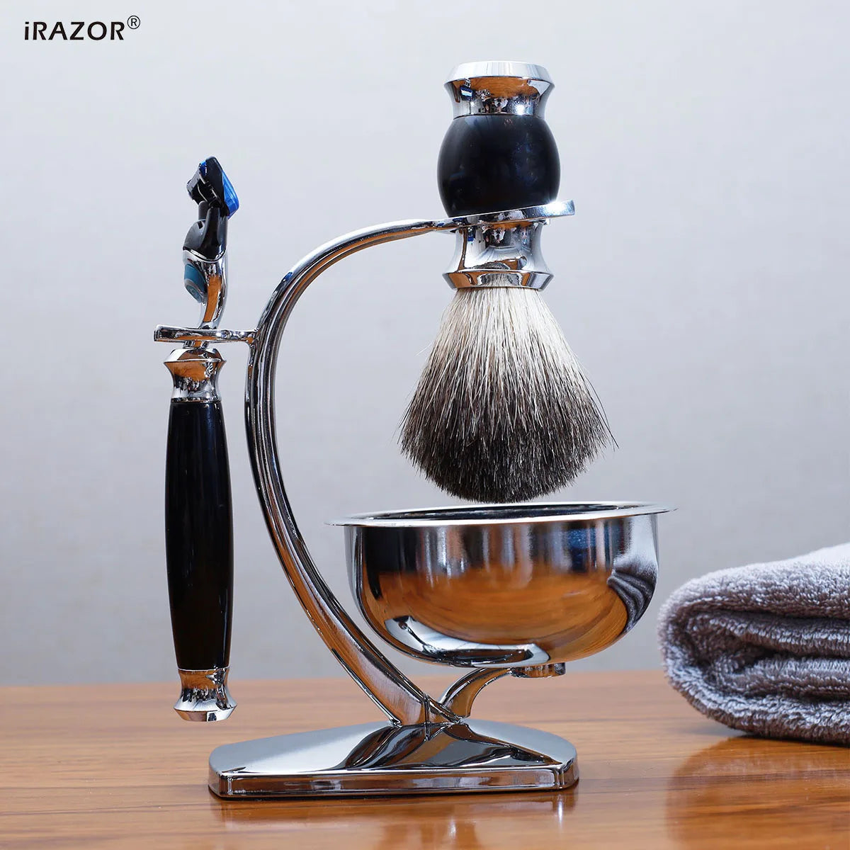 iRAZOR 5-Blade Fusion Safety Razor Shaving Kit with Badger Hair Shaving Brush & Bowl Stand Holder - Grooming Gift for Men