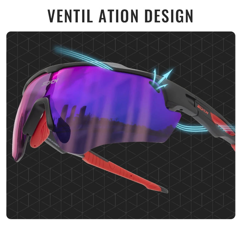 Sport sunglasses with purple mirrored lens and ventilation design, black and red frame
