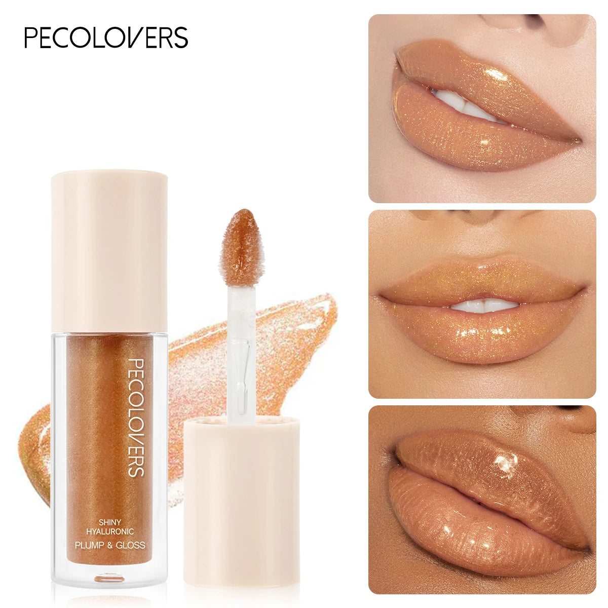 Gold shimmer lip gloss tube with applicator and close-ups of glossy nude lips.
