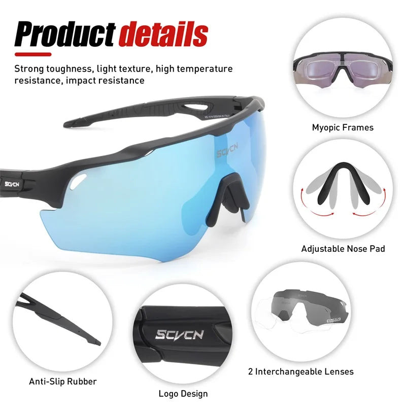 Blue sports sunglasses with interchangeable lenses, adjustable nose pad, anti-slip rubber arms, and myopic frame option.