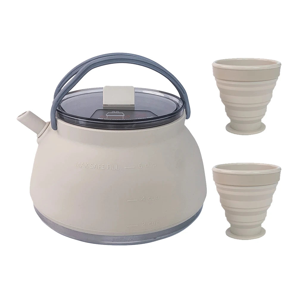 1.5L Silicone Kettle with Handle 1L Camping Cook Pot Stainless Steel Bottom Collapsible Water Cup/Bowl for Camping Backpacking