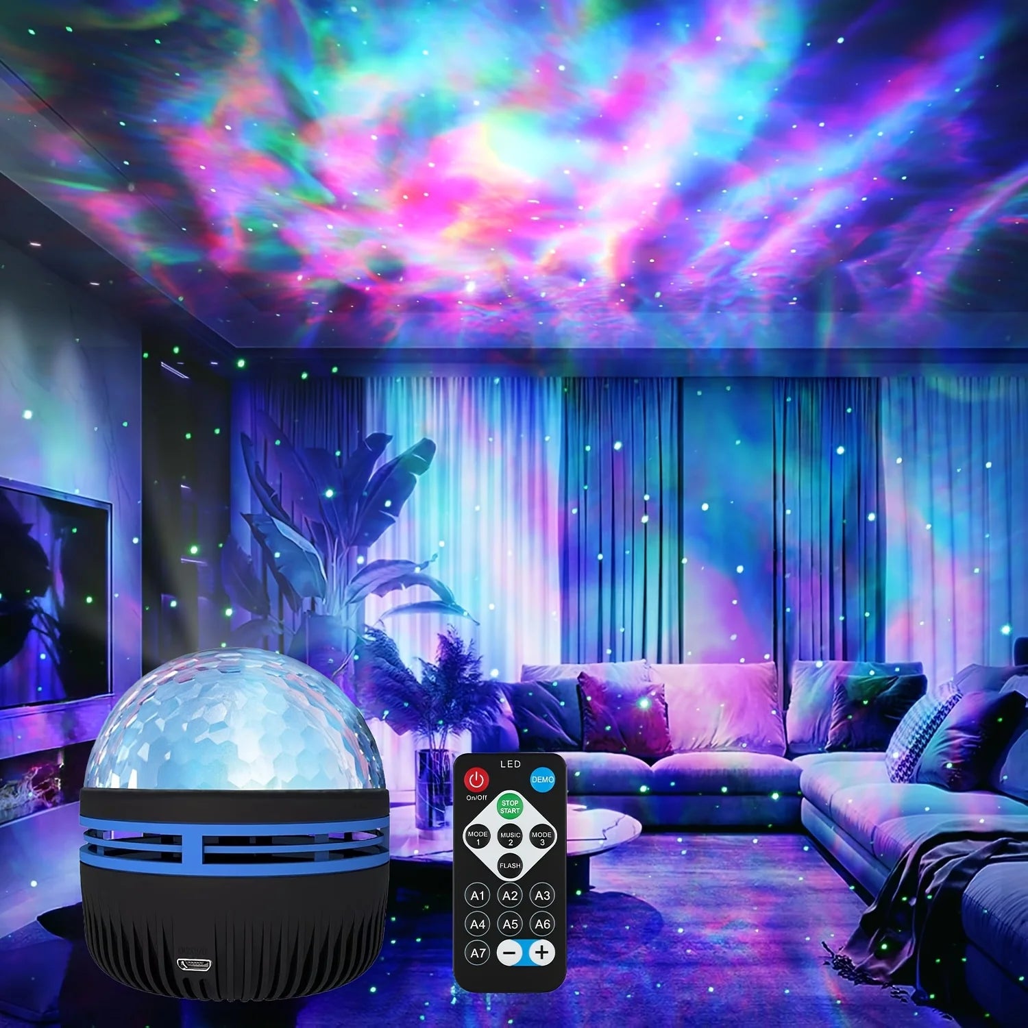 LED galaxy projector with remote creates colorful starry sky effect in modern living room.