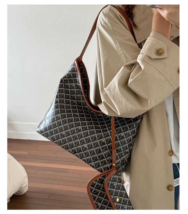 Large Capacity Women's Shoulder Bag Fashionable Commuter Tote Bag Soft PU Leather Printed Geometric Pattern Autumn New Arrival