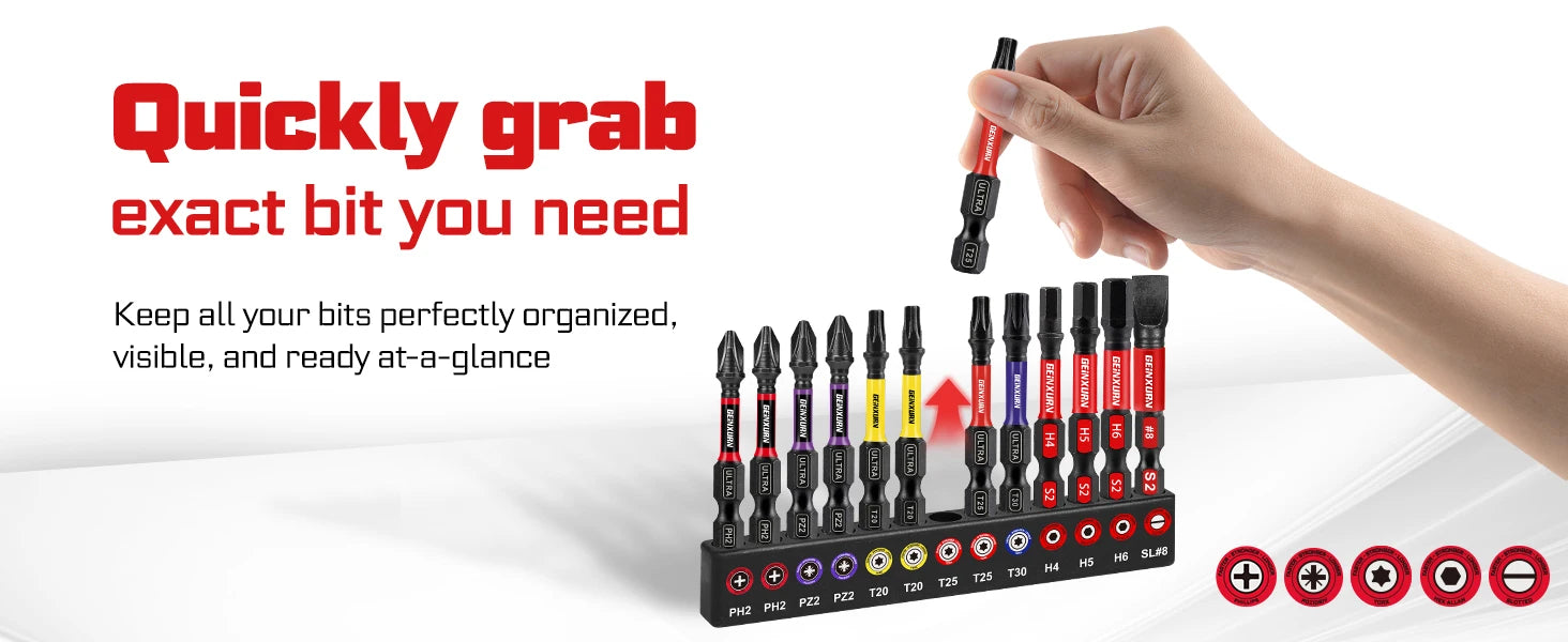 Geinxurn Impact Phillipes/Square/Slotted/Hex Screwdriver Bits Set,1''/2'' Magnetic S2 Steel Bits Set with Color Coded Base