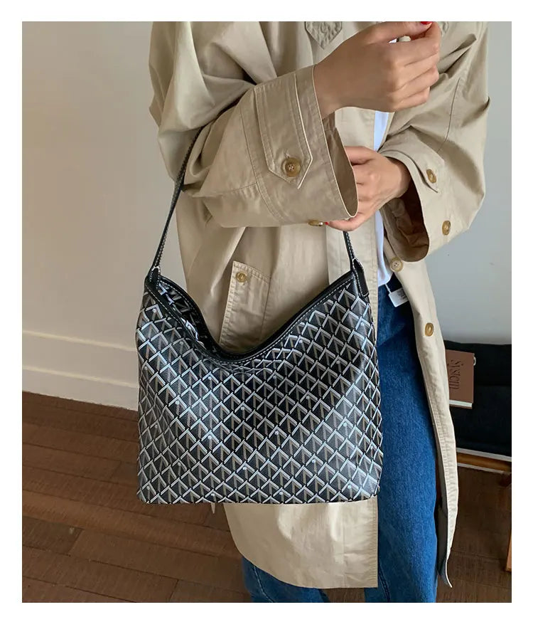 Large Capacity Women's Shoulder Bag Fashionable Commuter Tote Bag Soft PU Leather Printed Geometric Pattern Autumn New Arrival
