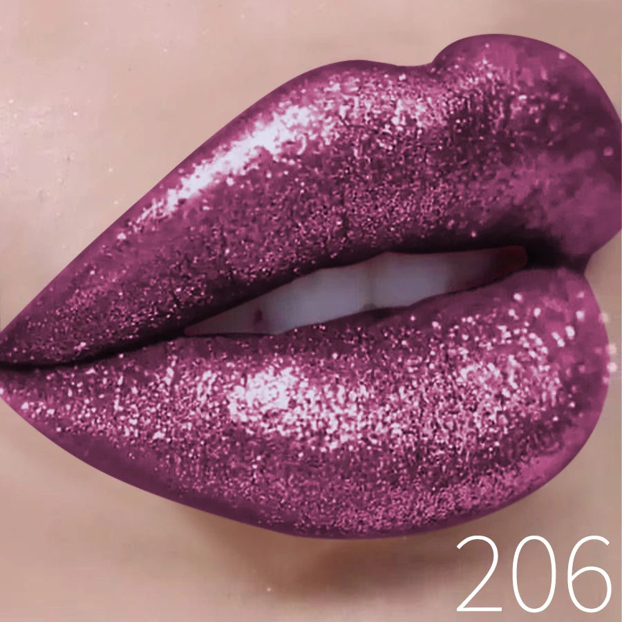 Glossy purple glitter lipstick on lips, close-up, shade number 206