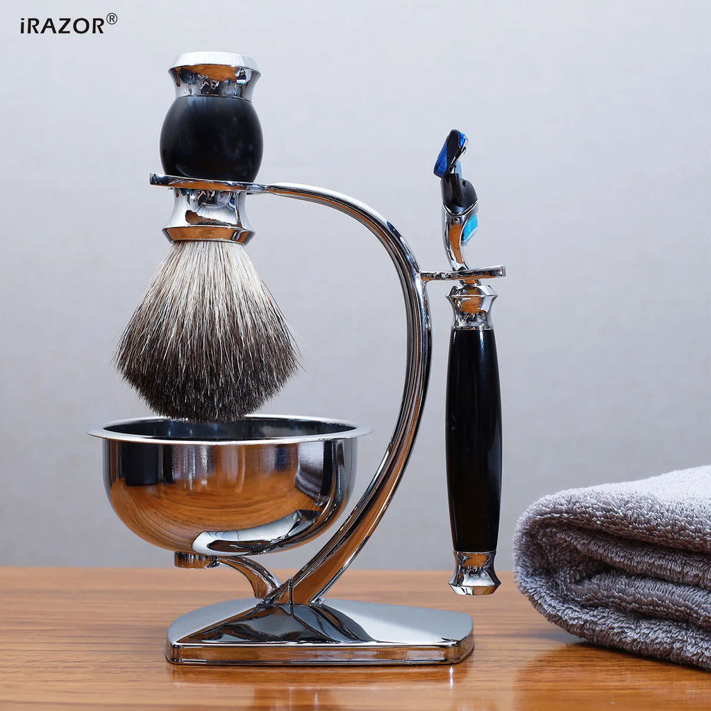 iRAZOR 5-Blade Fusion Safety Razor Shaving Kit with Badger Hair Shaving Brush & Bowl Stand Holder - Grooming Gift for Men
