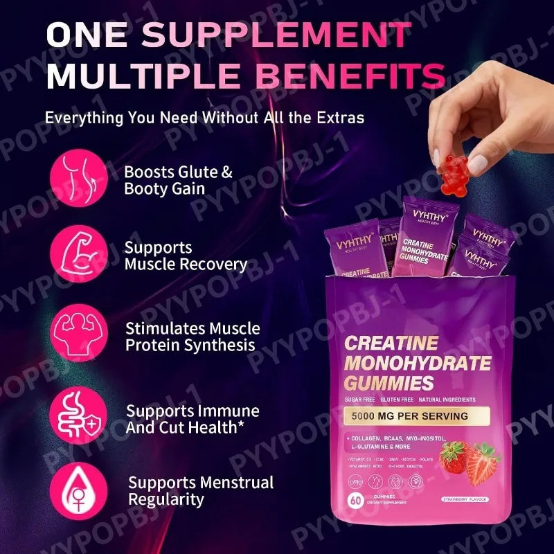 Creatine Monohydrate Gummies Daily Pre & Post Workout Recovery Support Contain Collagen,Biotin,Vitamin & Hyaluronic Acid 60count