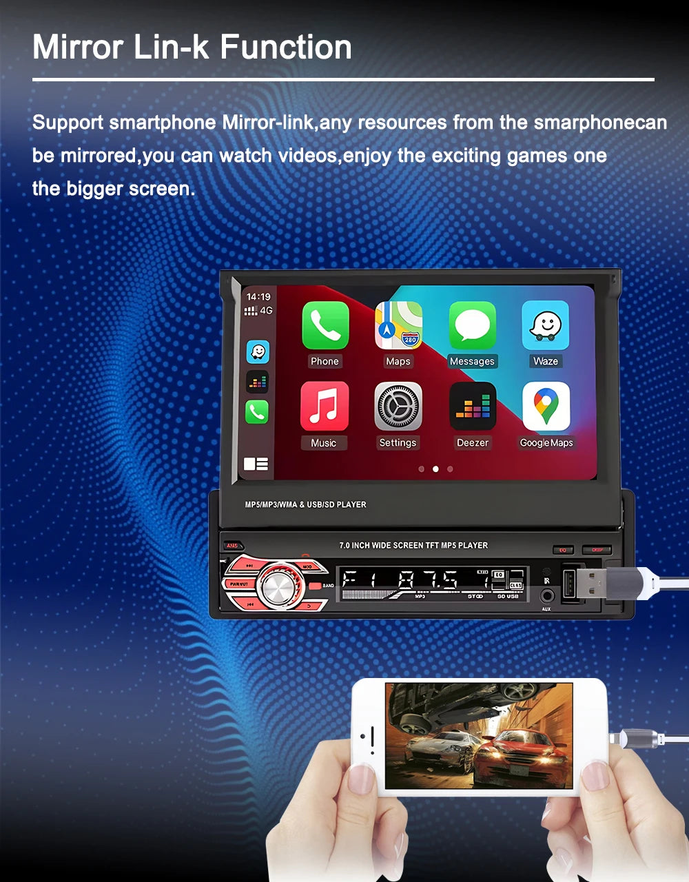 1 Din MP5 Player 7 Inch Carplay Android Auto Universal  Manual Automatic Retractable Touch Screen Car Player FM Radio