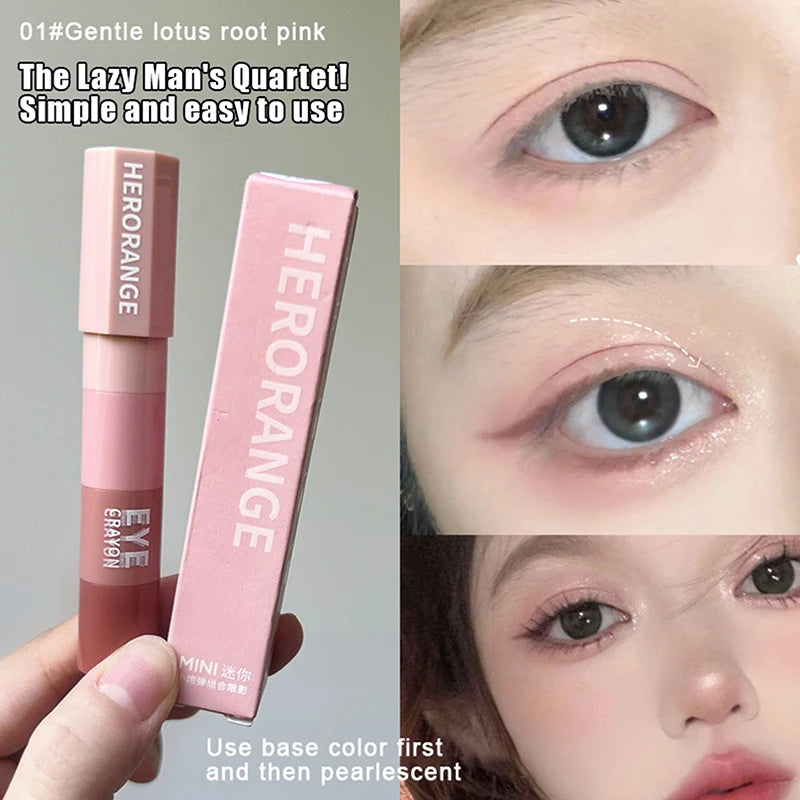 Gentle lotus root pink eye crayon makeup with pink packaging, close-ups of soft pink eye shadow look.