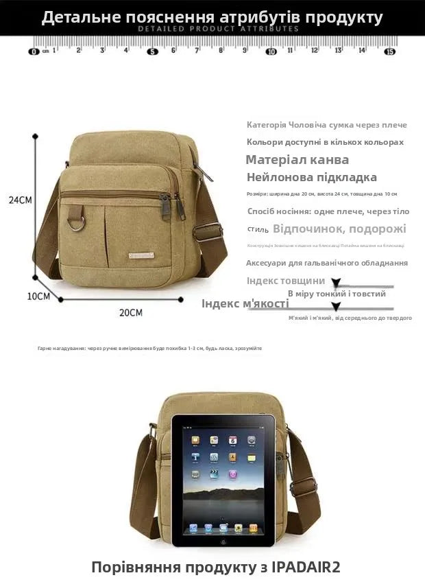 Casual Canvas Shoulder Bag for Men Business Crossbody Small Backpack Soft Handle Zipper Closure Leisure Style Mid-Year New