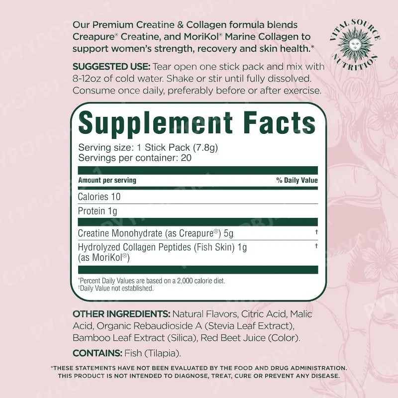 Creatine & Collagen Powder Stick Packs Supports Strength Recovery & Skin Health – Daily Nutrition Supplement  20Servings Per Bag