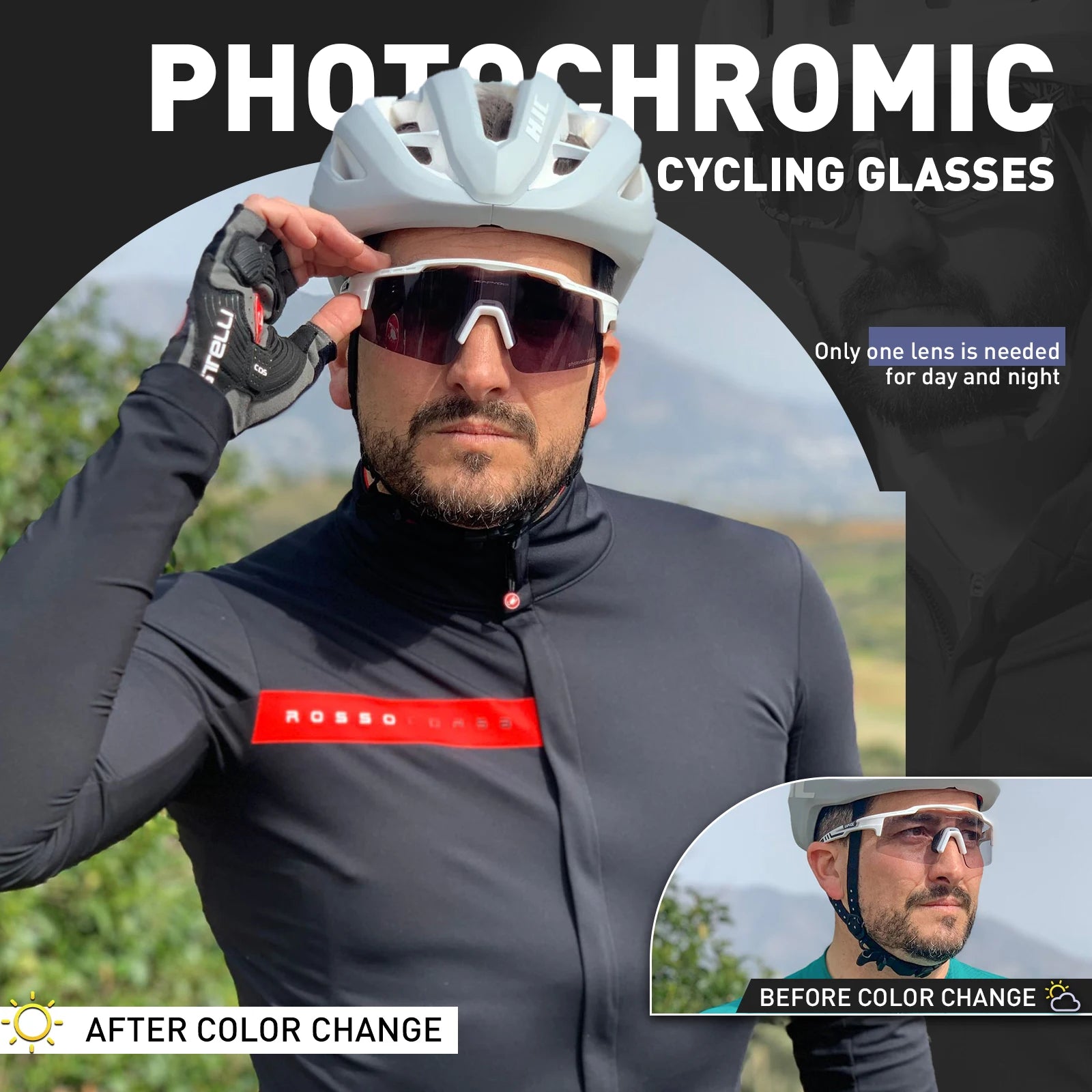 Man wearing photochromic cycling glasses and helmet outdoors, showing before and after lens color change.