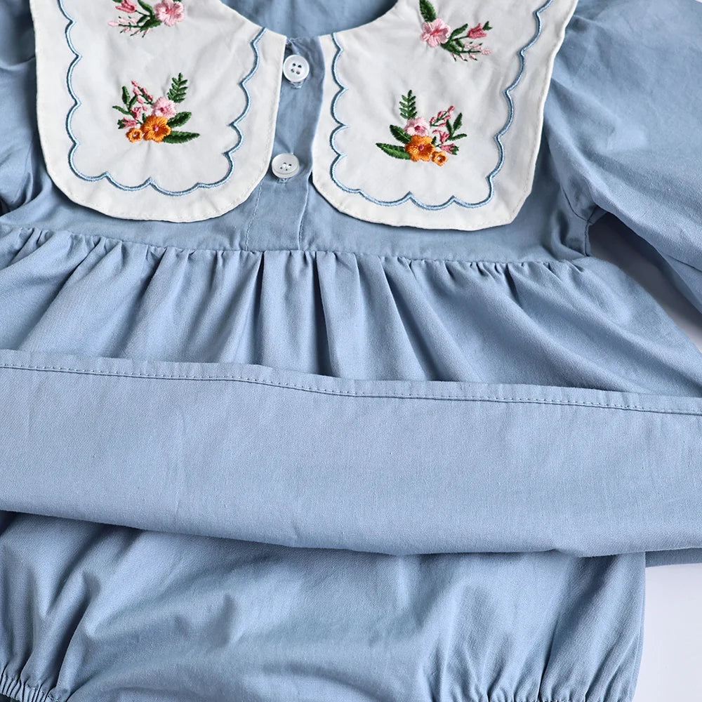 Spring Baby Clothing Solid Pleated Baby Bodysuit Toddler Girls Embroidered Flower Big Collar One Piece