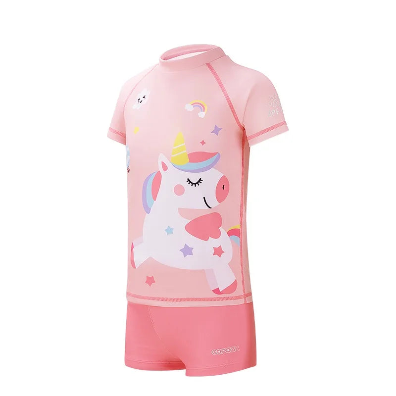 COPOZZ Children's Split Swimwear Short Sleeve Cartoon Sports Swimsuit Surfing Suits Beach Wear  For Boys Girls UV Protection 50+