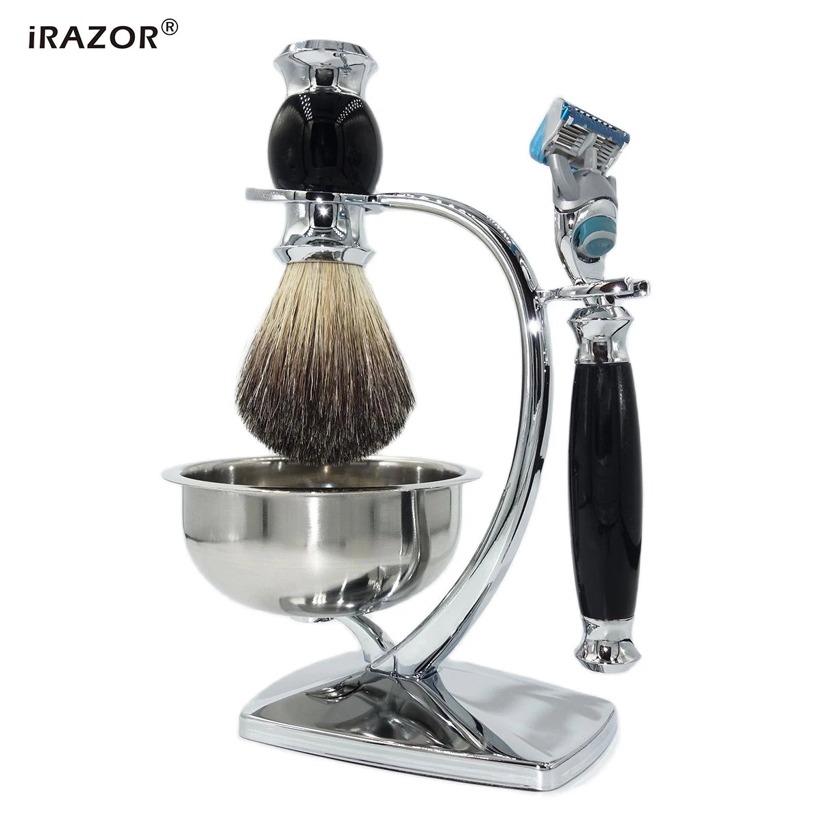 iRAZOR 5-Blade Fusion Safety Razor Shaving Kit with Badger Hair Shaving Brush & Bowl Stand Holder - Grooming Gift for Men